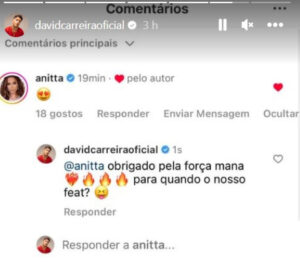 David Carreira recebe apoio de Anitta. Cantor reage