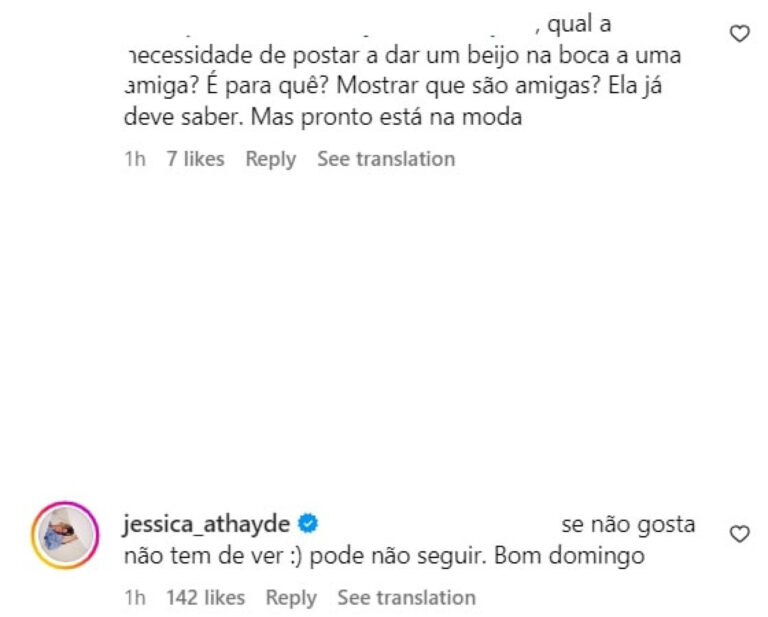 Jessica Athayde reage a críticas após beijar Inês Castel-Branco na boca