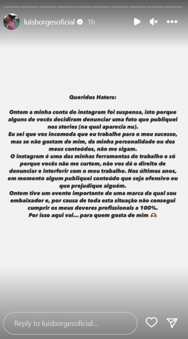 Luís Borges deixa recado a 'haters' após ver conta de Instagram suspensa