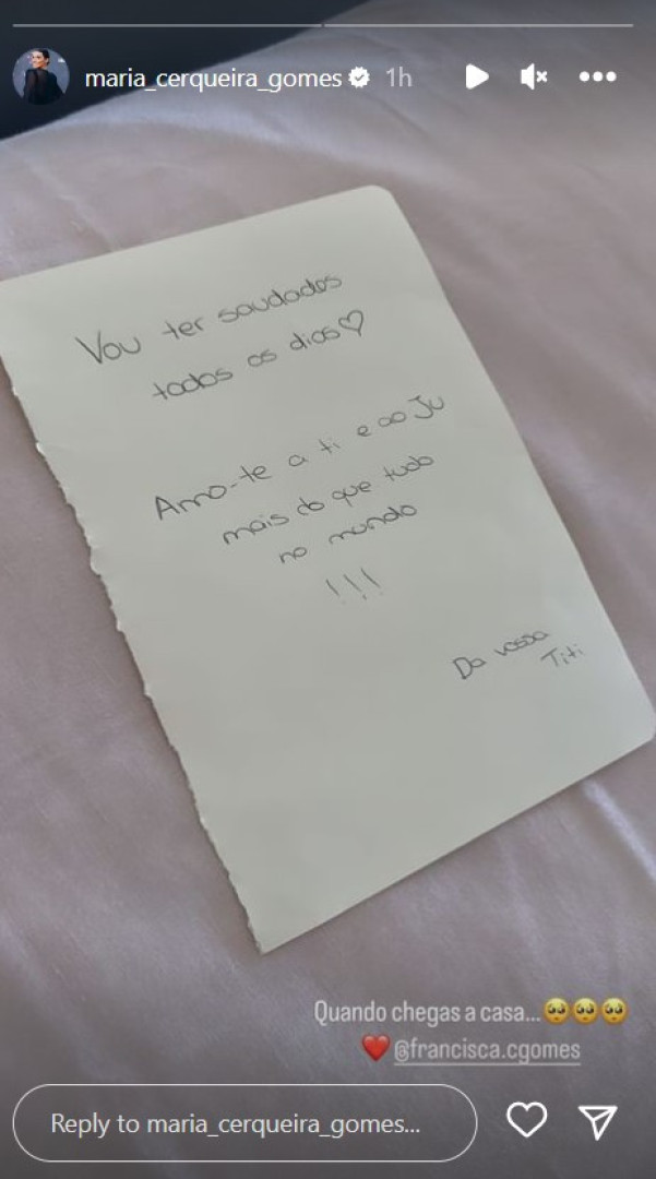 Maria Cerqueira Gomes emocionada com bilhete da filha, Kika