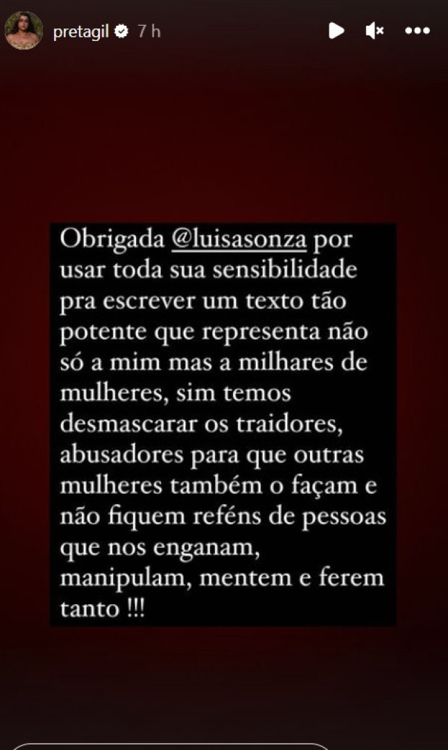 Preta Gil apoia publicamente Luísa Sonza após cantora falar em traição