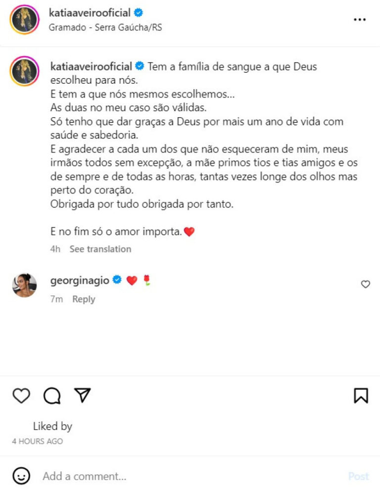 Katia Aveiro faz publicação sobre "família" e Georgina Rodríguez comenta