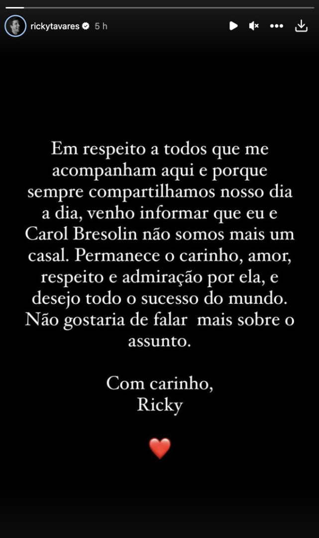 Ricky Tavares e Carol Bresolin separam-se. "Permanece o carinho"