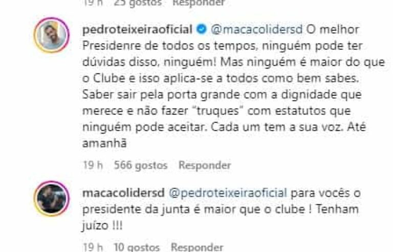 A troca de mensagens de Pedro Teixeira com líder dos ‘Super Dragões’