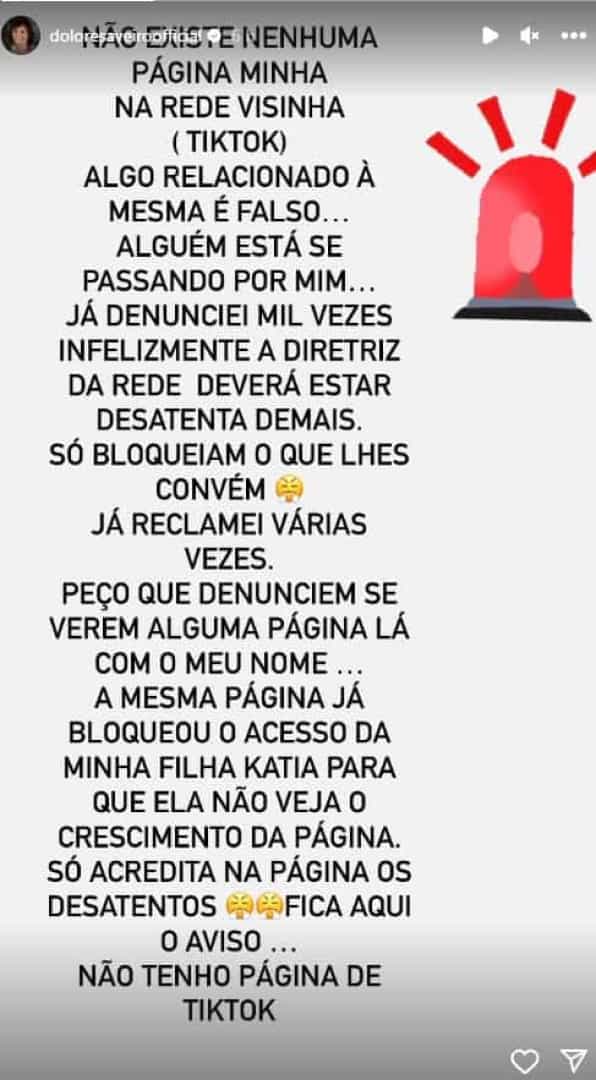 "Não tenho página de TikTok. Já denunciei mil vezes", diz Dolores Aveiro