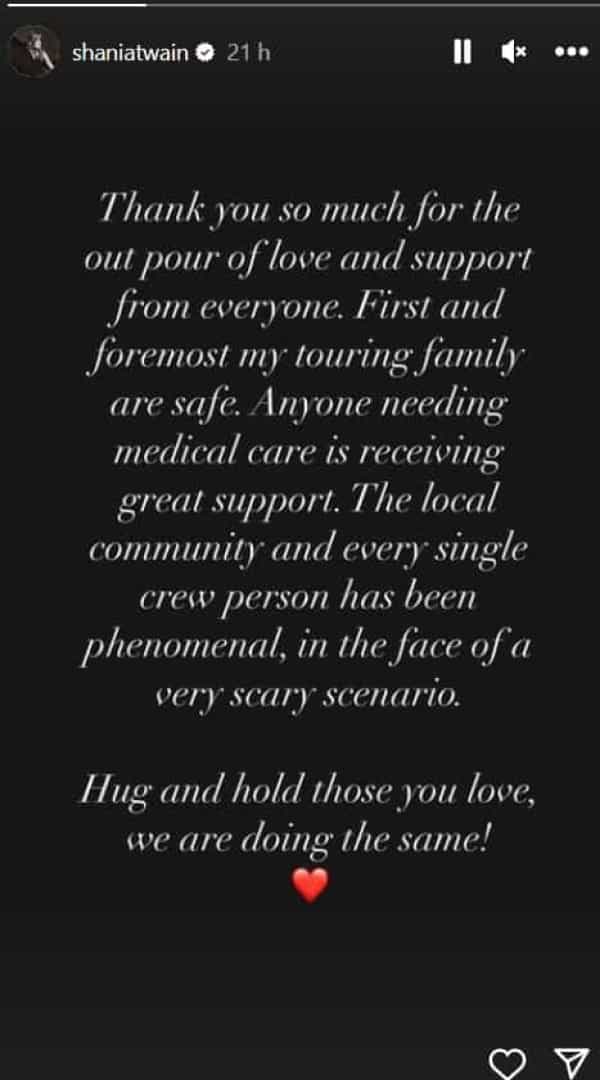 Shania Twain quebra silêncio após acidente com autocarro de digressão