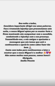 Irmã de Miguel Vicente emite comunicado: "Tremenda injustiça..."