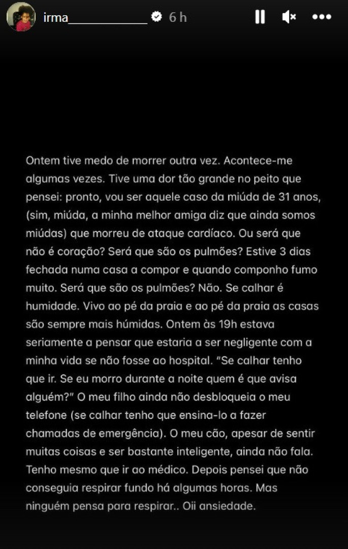Irma Ribeiro relata episódio de ansiedade. "Tive medo de morrer"