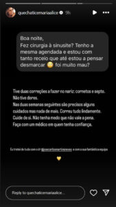 Alice Alves fala sobre cirurgia ao nariz: "Não tive dores"