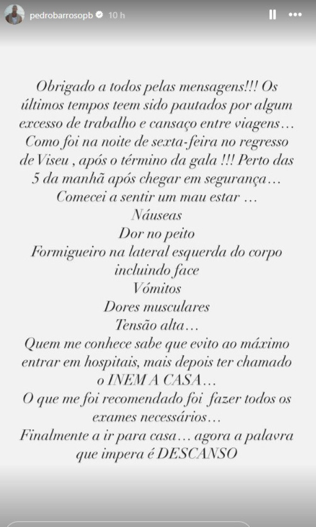 Pedro Barroso revela ida a hospital após chamar INEM e agradece carinho