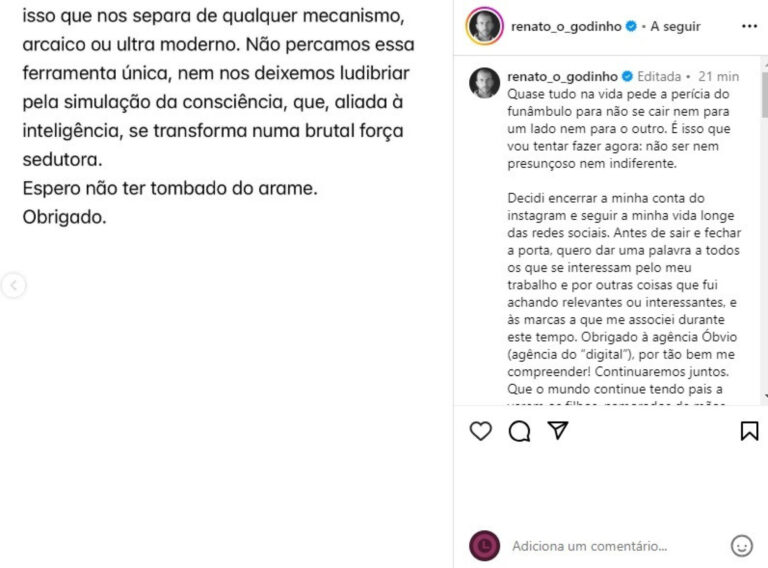 Renato Godinho comunica encerramento da conta no Instagram