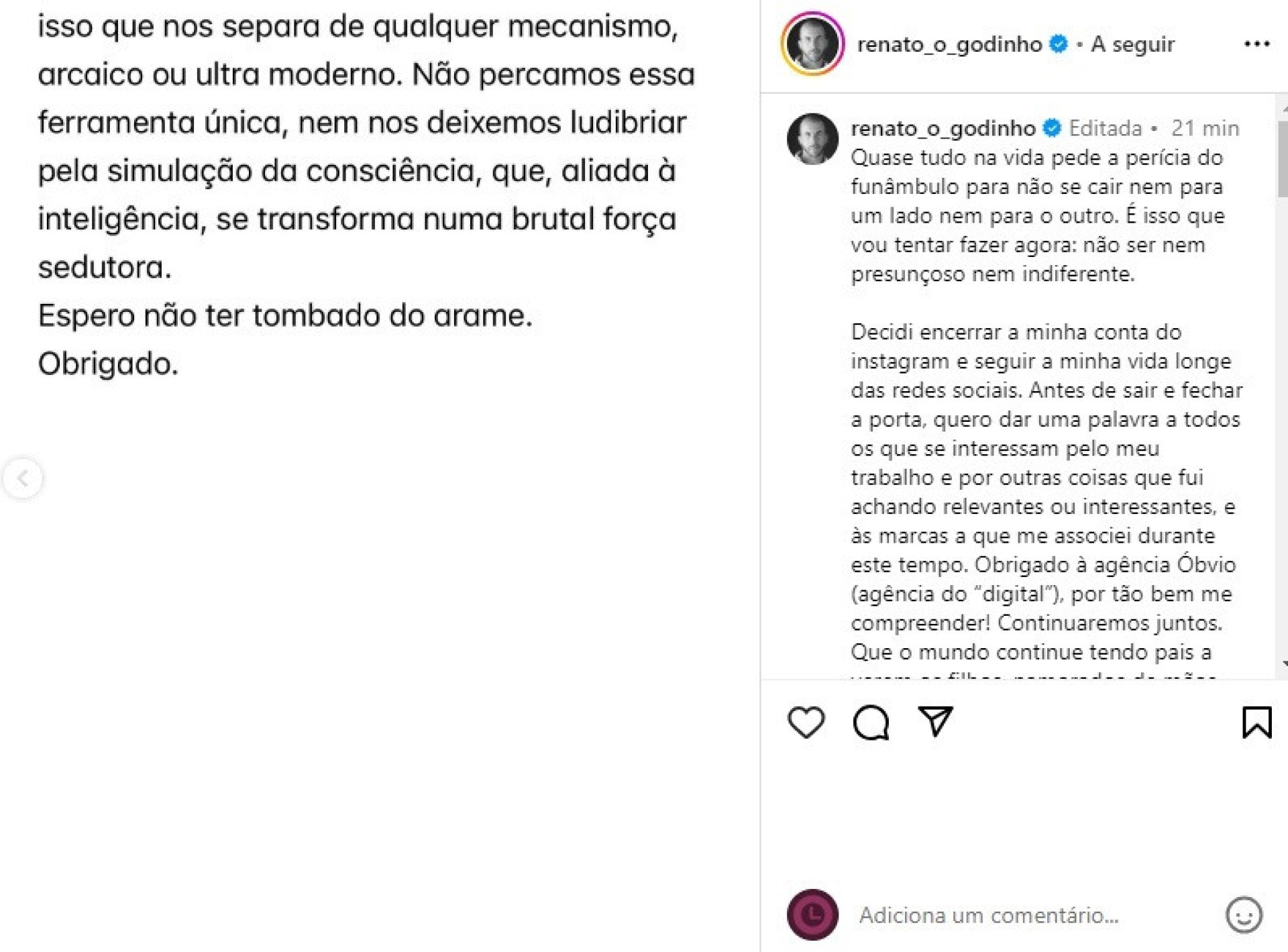 Renato Godinho comunica encerramento da conta no Instagram