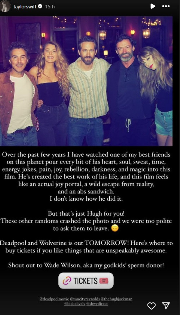 Taylor Swift sobre Ryan Reynolds: "Dador de esperma dos meus afilhados"