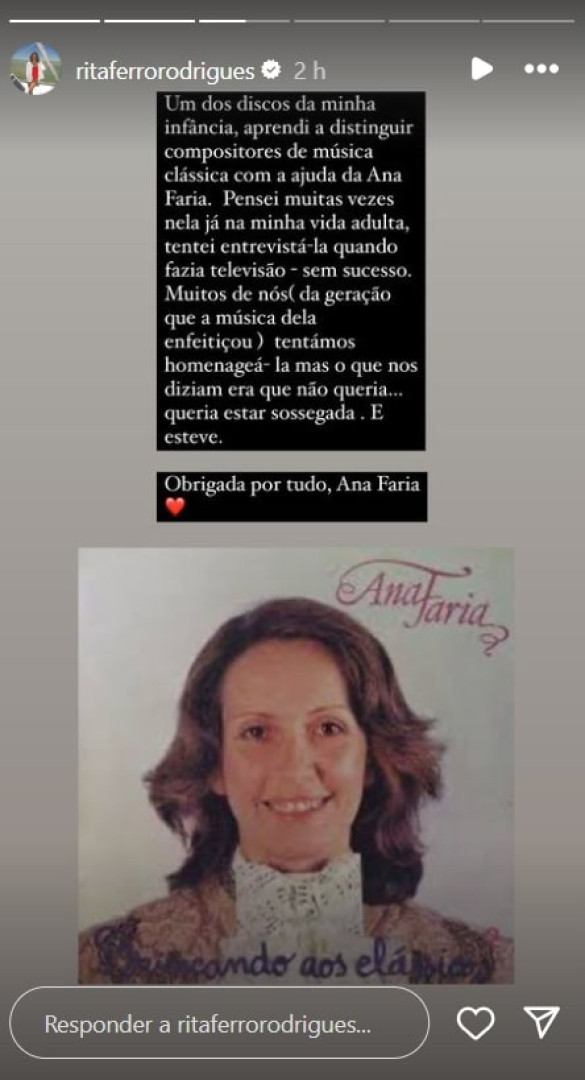 Rita Ferro Rodrigues homenageia Ana Faria: “Pensei muitas vezes nela”