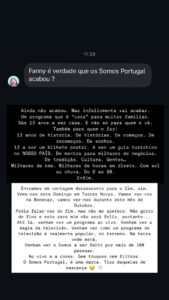 Fanny fala sobre fim do 'Somos Portugal': "Para mim não será feliz..."