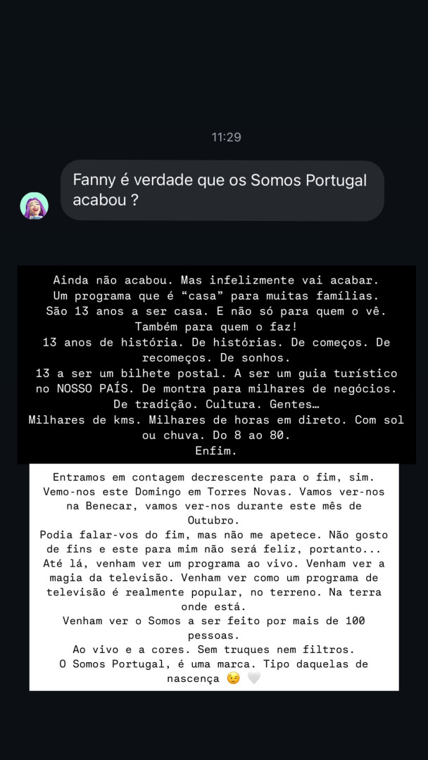 Fanny fala sobre fim do ‘Somos Portugal’: “Para mim não será feliz…”