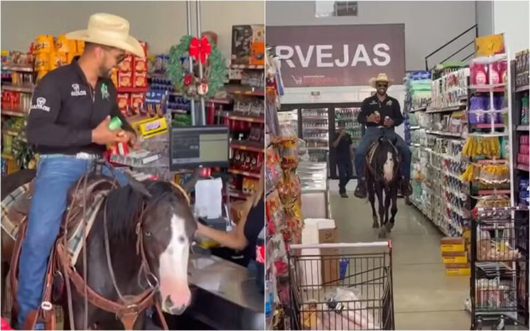 Oh Goiás! Estudante faz compras montado a cavalo em supermercado